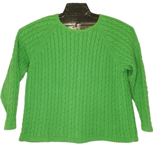 LL Bean Cable Knit Sweater 2X Bright Green Long Sleeve Pullover Plus Crew Neck - Picture 1 of 8