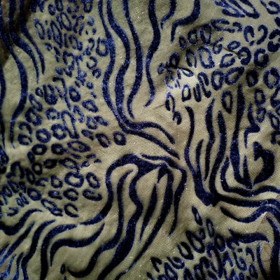 Rich Blue Velvet of Tiger Stripes & Leopard Spots on Black Stretch Mesh REMNANT! - Image 1 of 3