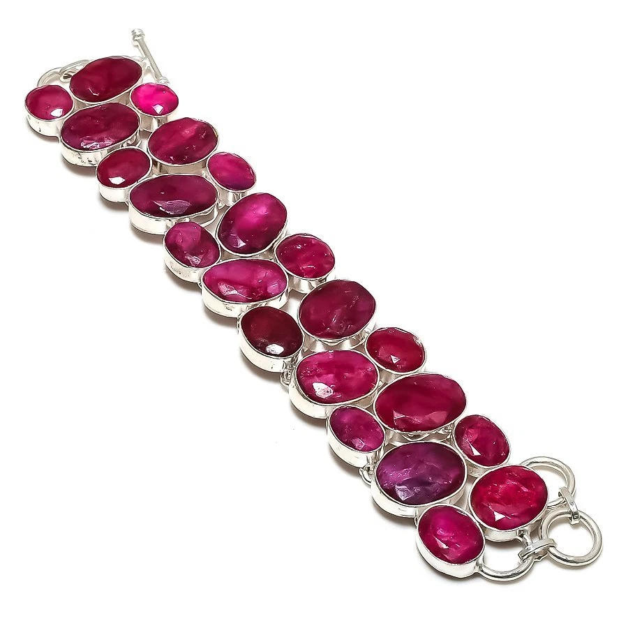 Ruby(Simulated) Gemstone Handmade 925 Sterling Silver Jewelry Bracelet 7-8" - Image 1 of 1