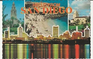 Cartolina continentale vintage Hello From San Diego California bordo del ponte - Foto 1 di 2
