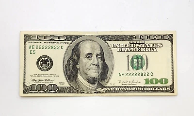 22 22 28 22  " 1996  $100 Binary Fancy Numbers One Hundred Dollar Bill - Image 1 of 2