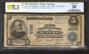 1902 $5 FIRST NATIONAL BANKNOTE CURRENCY FR.599 WAYNE NEBRASKA PCGS 20 VF (483H) - Picture 1 of 2