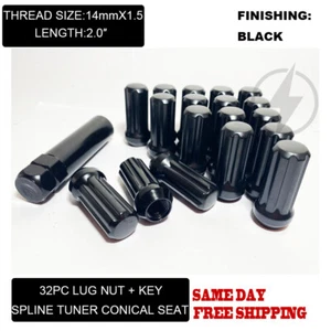 Fit Ford Excursion F250 350 Super Duty Spline Lug Nut 2” 14x1.5 Black 32Pc+Key - Picture 1 of 7