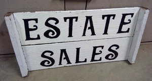 Large Vintage “ESTATE SALES” sign Painted Wood 24” X 12” - Picture 1 of 13