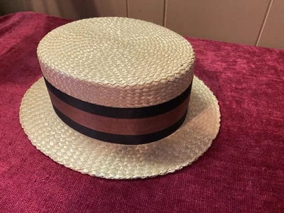 Vintage Custom Made Straw Boater Hat Skimmer - Image 1 of 4