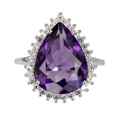 Anello in argento sterling 925 pera ametista 16x12 mm zirconi gemma misura... - Immagine 1 di 4