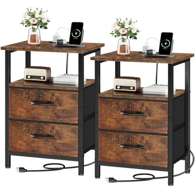 Juego de 2 Mesitas de Noche, Marrón Rústico, con Estación de Carga y Puertos USB, Bedsi... Foto 1 de 4