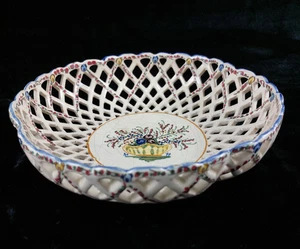 Italienische Mid Century Keramik Gitterschale handbemalt florales Design, Geschenkteller - Bild 1 von 10