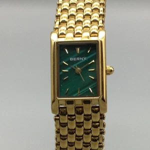 Berny Uhr Damen 18 mm goldfarben grünes Zifferblatt rechteckig neue Batterie 7,5" - Bild 1 von 12