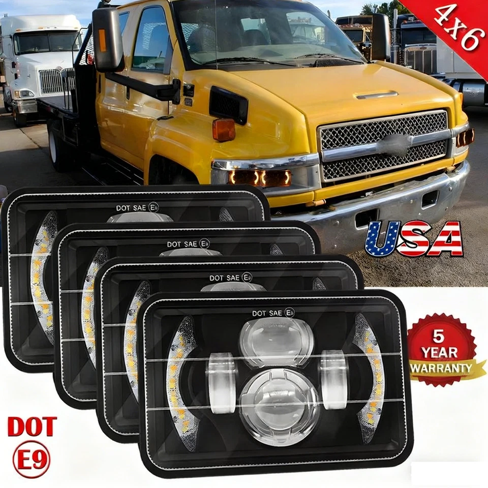 4Pcs 4X6" LED Headlights H4666 DRL For Chevrolet Kodiak C4500 C5500 2003-2009 - Image 1 of 4