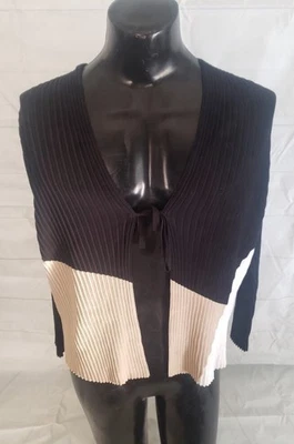 Cárdigan suéter para mujer Lafayette 148 pequeño de algodón negro y beige con corbata frontal Foto 1 de 4