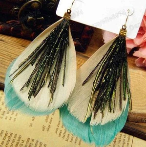 GRANDES PENDIENTES DE PLUMA BOHO aqua azulada pájaro pavo real AZUL-VERDE plumas silvestres - Imagen 1 de 4
