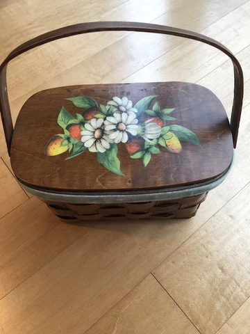 Vintage Wood Picnic Basket Basketville Putney VT Handles Lid Lined Strawberries Cover