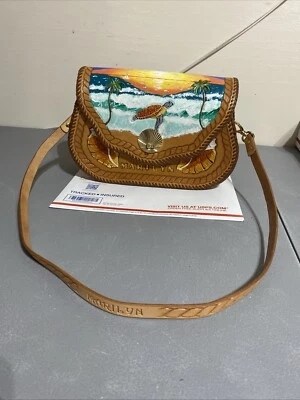 Vintage Tooled Leather Shoulder Bag Hand Painted MERMAID   OCEAN  - Boho Purse - Image 1 of 4