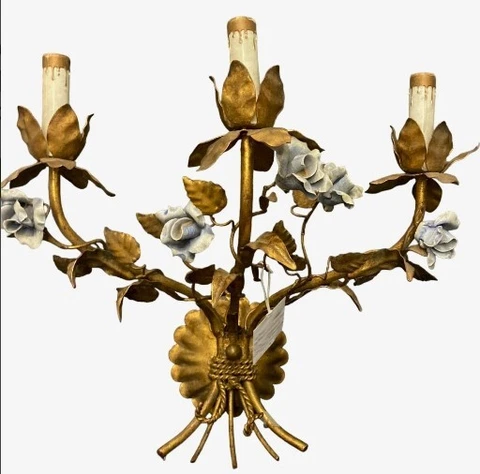 BEAUTIFUL MCM Italian Gilt Floral Rose Wall Sconce Tole Gold 3 LIGHT FIXTURE Cover