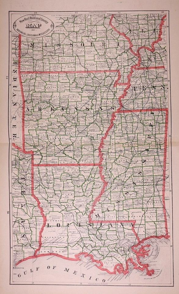 Mapa ferroviario 1883 ~ Louisiana - Mississippi - Arkansas ~ Envío y devolución gratuitos - (14x22) Foto 1 de 1