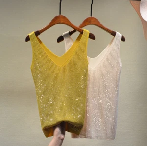 Women Camisole Tank Top Crystal Glitter Bling Deep V Neck Vest Top Blouse Casual - Picture 1 of 17