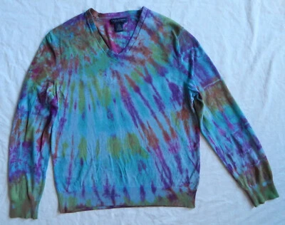 Tie Dye Green Purple Striped Crew Neck Sweater Medium Mens Hand Made Silk Cotton - Image 1 of 4