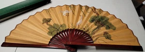 Chinese Fan Hand Painted Plants and Birds Wall Display Large Vintage 37X20 - Picture 1 of 3