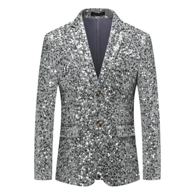 Men Glitter Sequin Suit Blazer Jacket Top Dinner Party Prom Wedding Gold Silver - Image 1 of 4