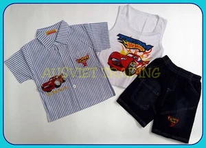 BNWT Cars McQueen shirt boys tank embroidered top 3/4 denim pants 3pc set new - Picture 1 of 1