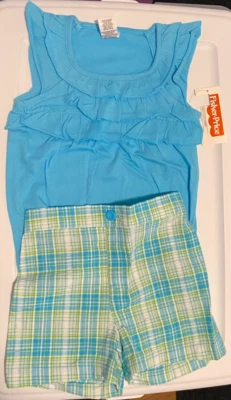 Fisher Price 2 PCS Short Set Teal Green Plaid Size 3T Ruffle Sleeveless Top NWT - Image 1 of 4