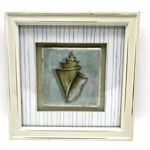 Vintage Kate McRostie gerahmte Muschelfliese signiert weiß gewaschen blau 8" x 8" - Bild 1 von 7