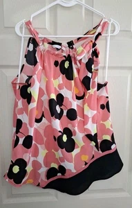New York & Company Tie Halter Blouse Top Sleeveless Coral Black Floral Size L - Picture 1 of 6