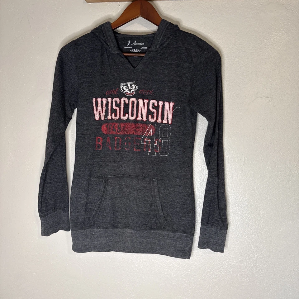 Sudadera con Capucha Wisconsin Badgers J America Ropa Deportiva Pullover Gris Para Mujer’s Mediana Foto 1 de 4