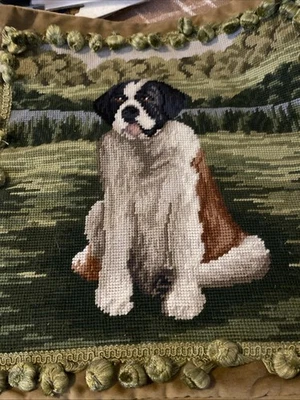 Wool Needlepoint Throw Pillow St. Bernard Dog Cushion Cover Case Only  Handmade - Image 1 of 2