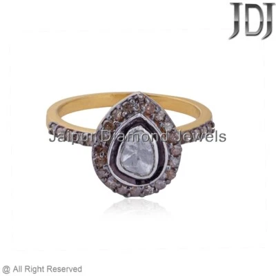 Anillo de plata de ley 925 natural rosecut polki pavé diamante forma de pera joyería Foto 1 de 4