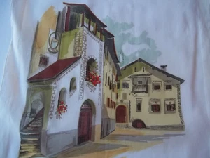 VTG Lehner Cotton Handkerchief Hanky Rolled Edge Town Door Switzerland Village - Picture 1 of 9
