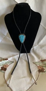 P . ATTAKAI- Vintage Navajo Indian Silver & Turquoise Leather Bolo - Picture 1 of 10