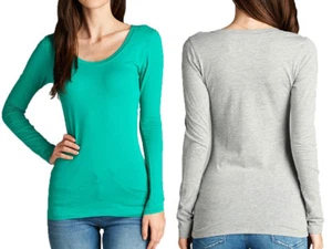 BASIC LONG SLEEVE T-Shirt Round-Neck SOLID Cotton Stretch Tight Thin Plus S~3XL - Picture 1 of 26