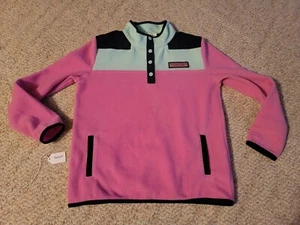 Vineyard Vines 1/4 Snap Fleece Pullover Youth Medium Pink Green Blue Pockets - Picture 1 of 9