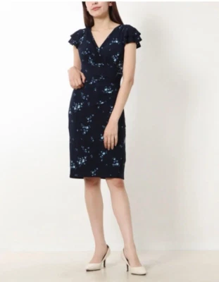 Ralph Lauren Women's 10 Navy Blue White Floral Faux Wrap Flutter Sleeve Dress - Image 1 of 4