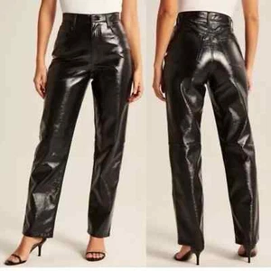 Abercrombie Fitch 90s Straight Ultra High Rise 26/2 Shiny Vegan Leather Pant NEW - Picture 1 of 10