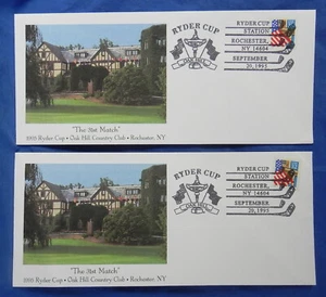 2 Buste Ryder Cup "The 31st Match" 1995, Stati Uniti Francobolli bandiera, Rochester NY - Foto 1 di 8