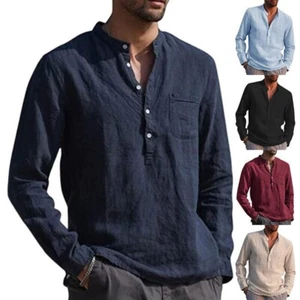 Mens Cotton Linen Long Sleeve Henley Shirt Casual Baggy Button-up Tops T Shirt - Picture 1 of 22