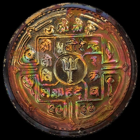 PR65 1973 Nepal 25 Paisa Proof, PCGS Secure- Vivid Rainbow Toned Cover