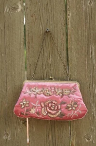 Retro Satin Pink Beaded Hand Bag with Extension Strap - Picture 1 of 5