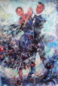 BEAUTIFUL SERA KNIGHT ORIGINAL "Ballroom in Blue" Music Dance PAINTING  - Picture 1 of 1