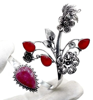 925 Sterling Silver Pink Ruby & Emerald Gemstone Jewelry Cuff Bracelet S-ADJ" - Image 1 of 4