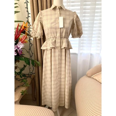 NUEVO CON ETIQUETAS GU (Uniqlo) x Rokh Vestido Camisa Media Manga en Beige Cuadros Para Mujer M Foto 1 de 4