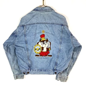 Vintage Looney Tunes Denim Jean Jacket Size Small Blue Taz Warner Bros 90s - Picture 1 of 3