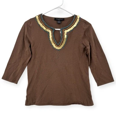 Top tejido de seda August para mujer pequeño adornado con cuentas lentejuelas marrón manga 3/4 nuevo con etiquetas Foto 1 de 4
