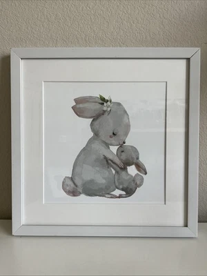 Mother & Child Wall Art / Baby Nursery Bedroom Decor White Framed Glass 17" x17" - Image 1 of 4