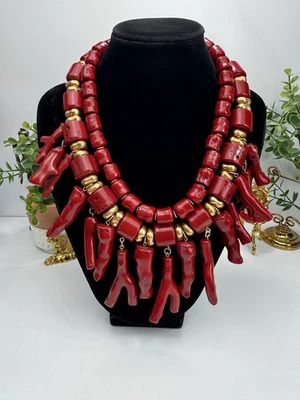 ZARA Statement Red Coral Branch Beaded Necklace Set Of 2 Gold Tone Beautiful - Image 1 of 4