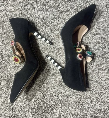 Betsey Johnson Sz 10 Jodie Stiletto Heels Black Suede Gorgeous Jeweled Strap - Image 1 of 4