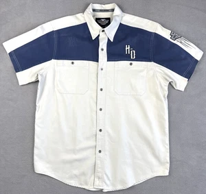 Harley Davidson Short Sleeve Snap Shirt Motorcycles Biker Beige Blue Large HD - Picture 1 of 12